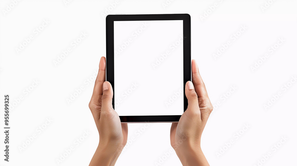 Hand holding empty screen tablet vertically isolated on white background with clipping path Hand holding empty screen tablet vertically isolated on white background with clipping path
