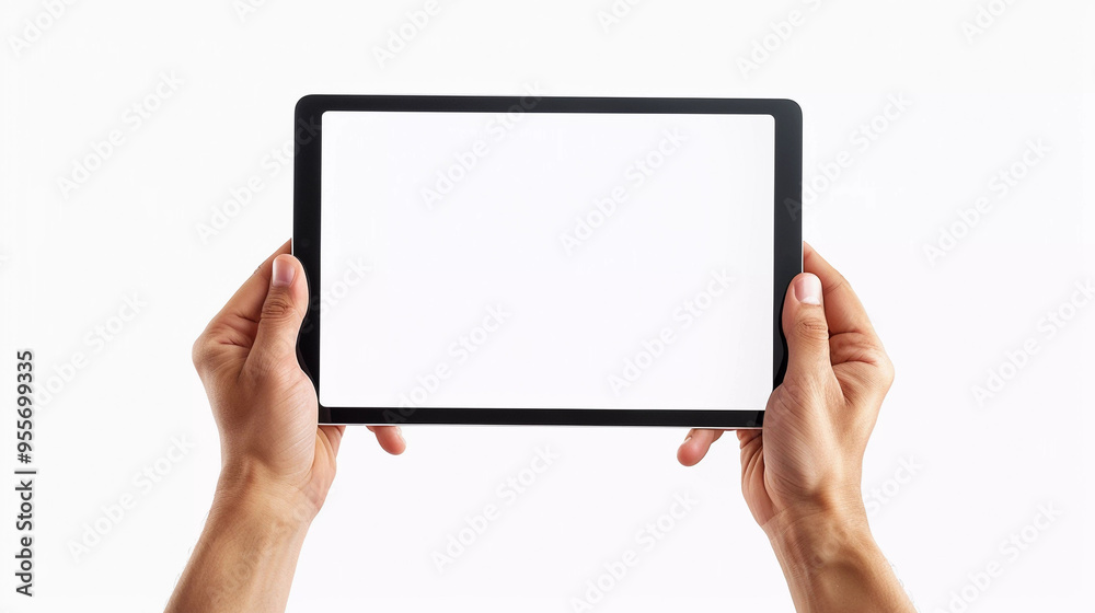Both hand holding blank screen tablet isolated on white background with clipping path Both hand holding blank screen tablet isolated on white background with clipping path