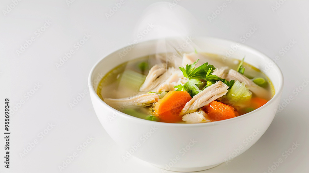Steamy hot chicken veggie soup in bowl Steamy hot chicken veggie soup in bowl