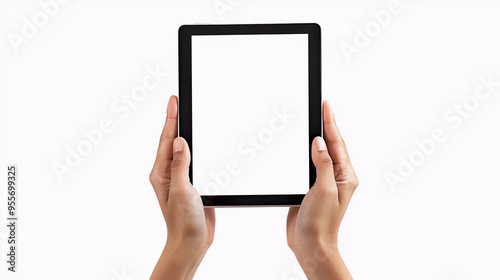 Hand holding empty screen tablet vertically isolated on white background with clipping path