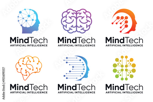 Set of Brain tech logo design with artificial intelligence concept