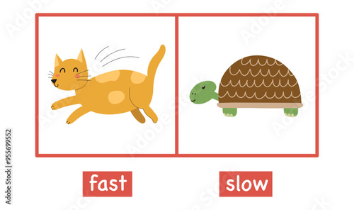 Slow and fast opposite adjectives flashcard. Educational flash card with cute cat and turtle for school and preschool. Activity page for kids. Vector illustration