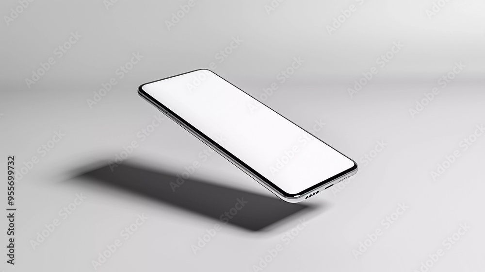 Blank screen smartphone levitating and grey background Blank screen smartphone levitating and grey background