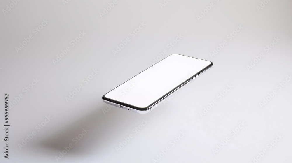 White screen smartphone levitating and grey background White screen smartphone levitating and grey background
