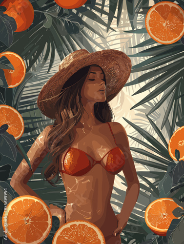 A woman in a bikini is posing in front of a bunch of oranges. The image has a tropical vibe and the woman's outfit and hat give off a relaxed and carefree vibe