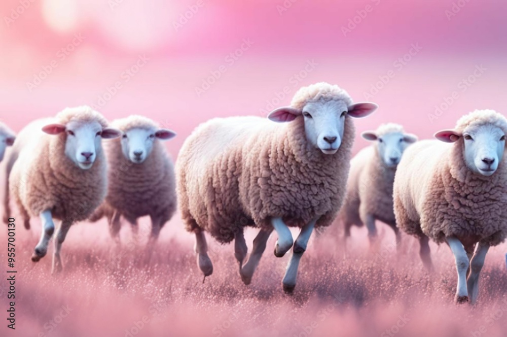 Fototapeta premium Pink sheep among a flock of white sheep. Sheep in a row on blue pink sky background. Portrait of a sheep on a pink blue background. A white sheep lies on a pink pasture against a background of blue 