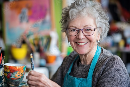 Joyful senior woman engaged in painting a cup at her studio as a retirement hobby and business photo