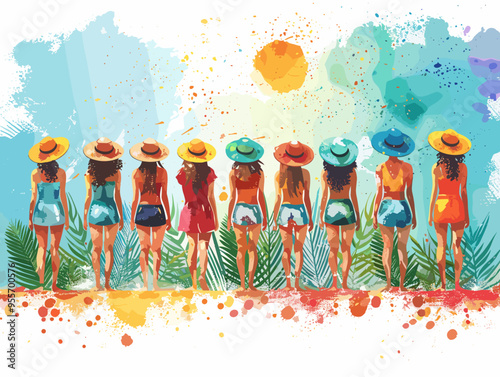 Three women wearing yellow bikinis and hats are smiling and posing for a picture. The image has a tropical vibe and the women appear to be having a good time