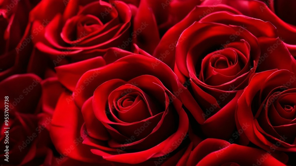 Floral background with red roses top view. Beautiful red rose close-up. Macro rose on the table. Red rose with petals. Panorama. Banner. Space for text and design