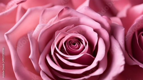 Floral background with pink roses top view. Beautiful pink rose close up. Macro rose on the table. Pink rose with petals. Panorama. Banner. Space for text and design