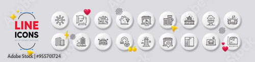 Market sale, Package size and Furniture line icons. White buttons 3d icons. Pack of Mortgage, Home facility, Lighthouse icon. Sports arena, Floor plan, Circus pictogram. Vector