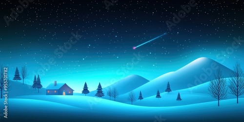A tranquil winter night scene depicting a cozy house with glowing windows amidst snow-covered hills, under a starry sky with a shooting star. Perfect for holiday and Christmas themes.