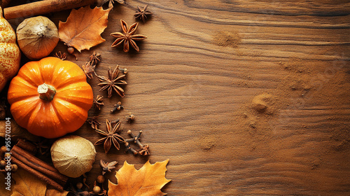 pumpkin spice background. pumpkin spice, Warm Autumn Seasonal Pumpkin Spice Featuring Cinnamon, Nutmeg, ginger, allspice, pumpkin background, spice background on wooden background. Top view, copy s