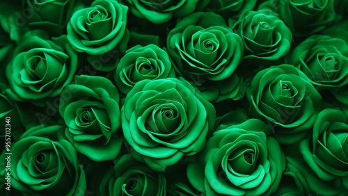 Floral background with green roses top view. Beautiful green rose close up. Macro rose on the table. Green rose with petals. Panorama. Banner. Space for text and design