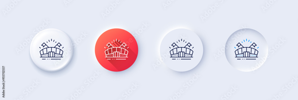 Sports arena line icon. Neumorphic, Red gradient, 3d pin buttons. Stadium with flags sign. Sport complex symbol. Line icons. Neumorphic buttons with outline signs. Vector Sports arena line icon. Neumorphic, Red gradient, 3d pin buttons. Stadium with flags sign. Sport complex symbol. Line icons. Neumorphic buttons with outline signs. Vector
