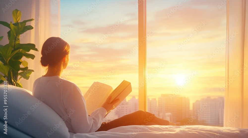 A peaceful moment of reading a book by the window, with a beautiful sunrise illuminating the room. A peaceful moment of reading a book by the window, with a beautiful sunrise illuminating the room.