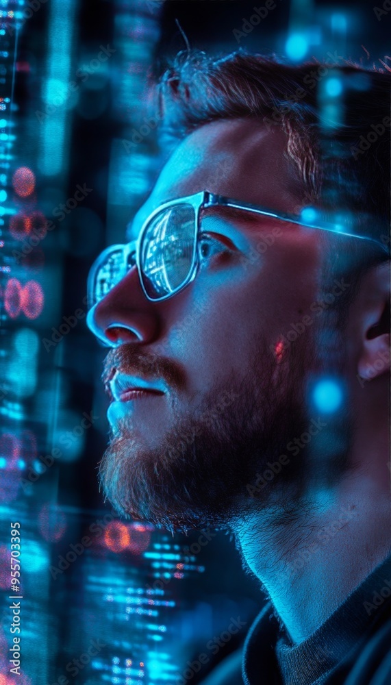 Portrait of a technology innovator with a futuristic background and high tech elements Portrait of a technology innovator with a futuristic background and high tech elements
