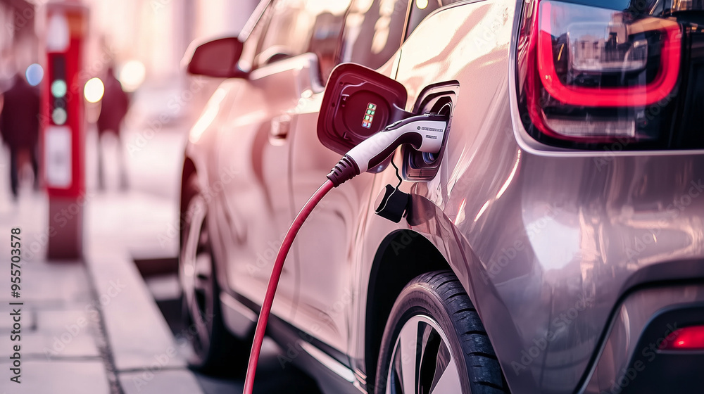 Elektryczny pojazd przy stacji ładowania z wpiętym kablem zasilającym. Widok ten ukazuje nowoczesne podejście do zasilania pojazdów elektrycznych i wygodę korzystania z stacji ładowania. Elektryczny pojazd przy stacji ładowania z wpiętym kablem zasilającym. Widok ten ukazuje nowoczesne podejście do zasilania pojazdów elektrycznych i wygodę korzystania z stacji ładowania.