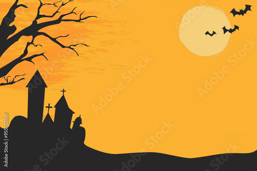 Halloween old castle, bat, tree branch and on night background with full Moon, Silhouette illustration. Orange and black color element. Halloween banner with free space for text