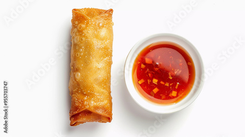 Single spring roll with red hot sauce