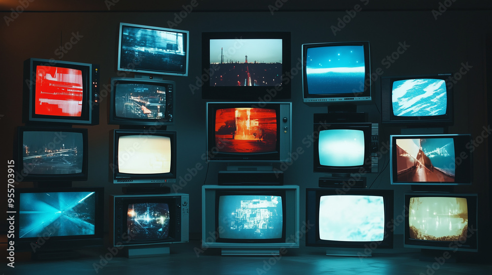 Grupa telewizorów wyświetlających różnorodne obrazy i multimedia. Ekrany pokazują różne treści, takie jak filmy, zdjęcia i grafiki, tworząc kolorowy i wieloaspektowy widok. Grupa telewizorów wyświetlających różnorodne obrazy i multimedia. Ekrany pokazują różne treści, takie jak filmy, zdjęcia i grafiki, tworząc kolorowy i wieloaspektowy widok.