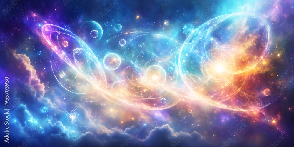 Illustration of a colorful and vibrant scene in space, featuring a large number of glowing stars and planets. The colors in the illustration are so vivid that they seem to leap off the screen.
