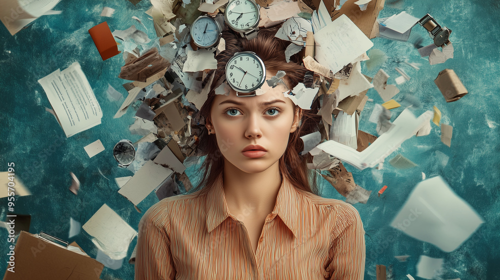 Naklejka premium Młoda kobieta otoczona dokumentami i zegarkami, ilustrująca problem zarządzania czasem oraz chroniczne zmęczenie związane z nadmiernym obciążeniem.
