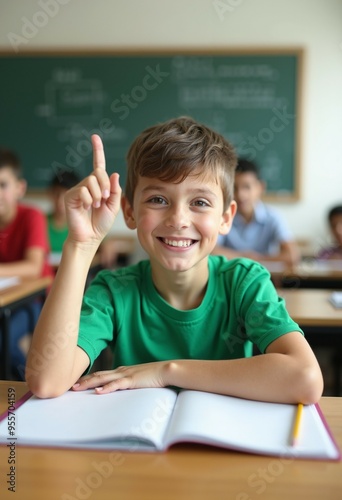 A young boy raising his hand in a classroom, smiling confidently, symbolizing curiosity, learning, and engagement in education.
