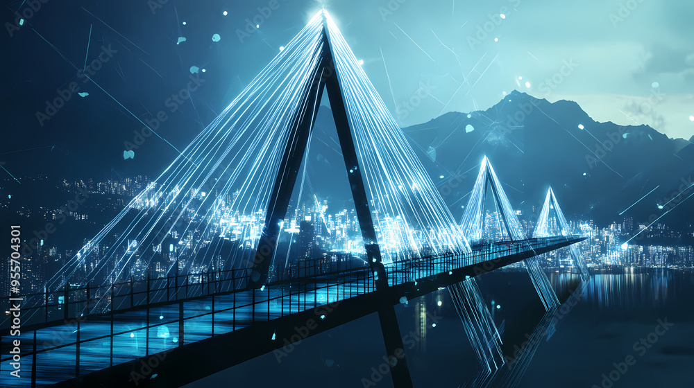 Obraz premium Futuristic digital bridge with glowing light trails, smart city infrastructure concept, high-tech urban landscape with data particles and mountains