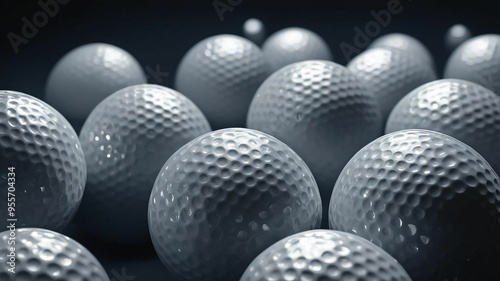 Many golf balls together closeup isolated on white. Textured background of used golf balls. Professional sports industry, equipment hobby participation. White golf balls background. Banner. Close up 