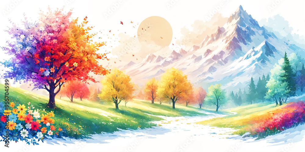 A beautiful colorful nature scene featuring a field with trees and flowers, a mountain in the background, and a sun in the sky. The image is vibrant and visually appealing. A beautiful colorful nature scene featuring a field with trees and flowers, a mountain in the background, and a sun in the sky. The image is vibrant and visually appealing.
