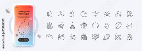 Peanut, Cloudy weather and Sunflower seed line icons for web app. Phone mockup gradient screen. Pack of Co2 gas, Windy weather, Bio shopping pictogram icons. Vector