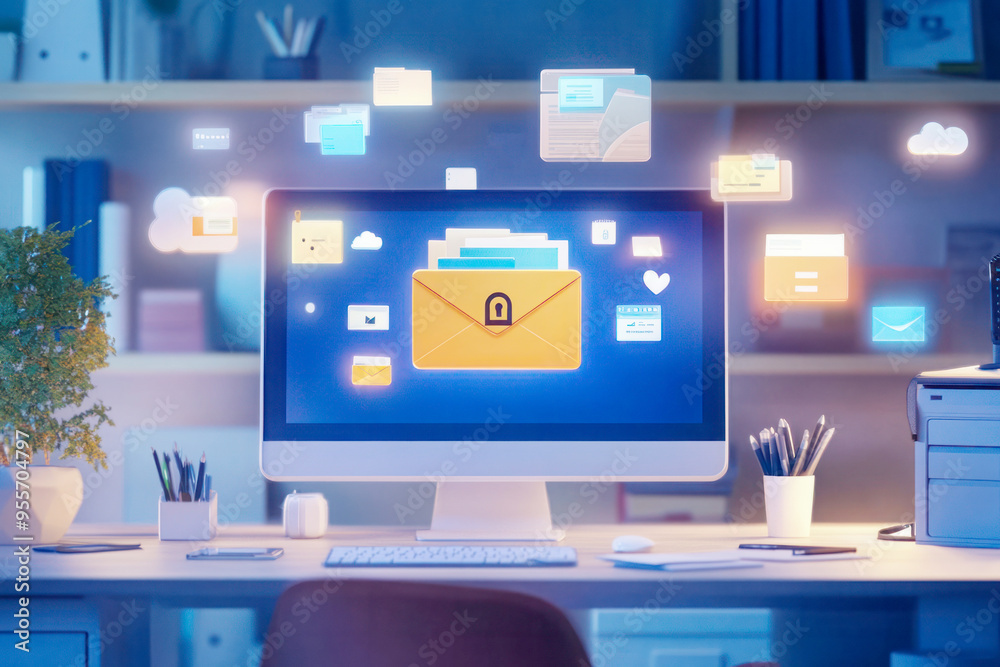 Desktop computer with floating digital icons representing secure email, data storage, cloud computing, and online communication in a modern office