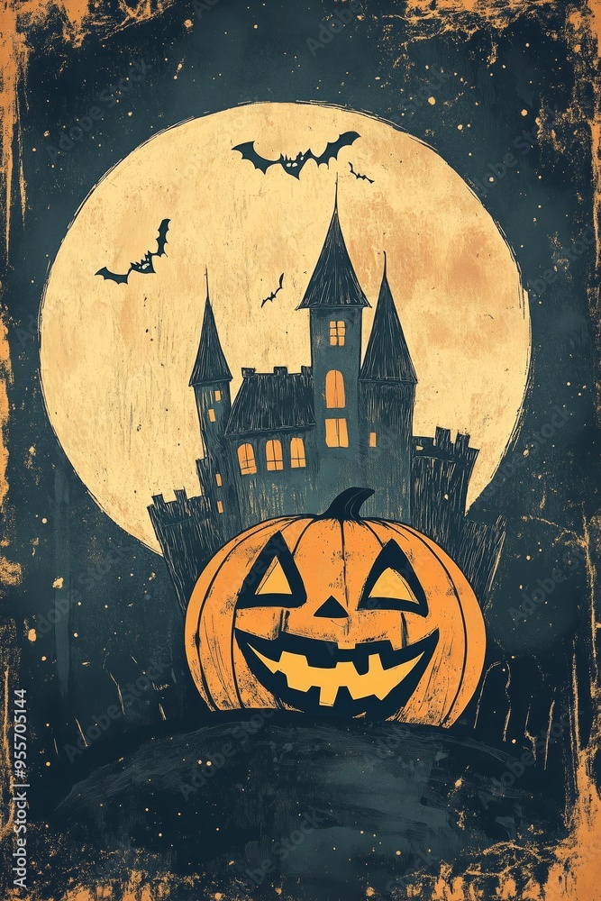 Fototapeta premium Halloween 80s background. Halloween pumpkins jack lantern, bat and old castle on night background with full Moon, illustration. Halloween retro background. Orange color element. Free space for text