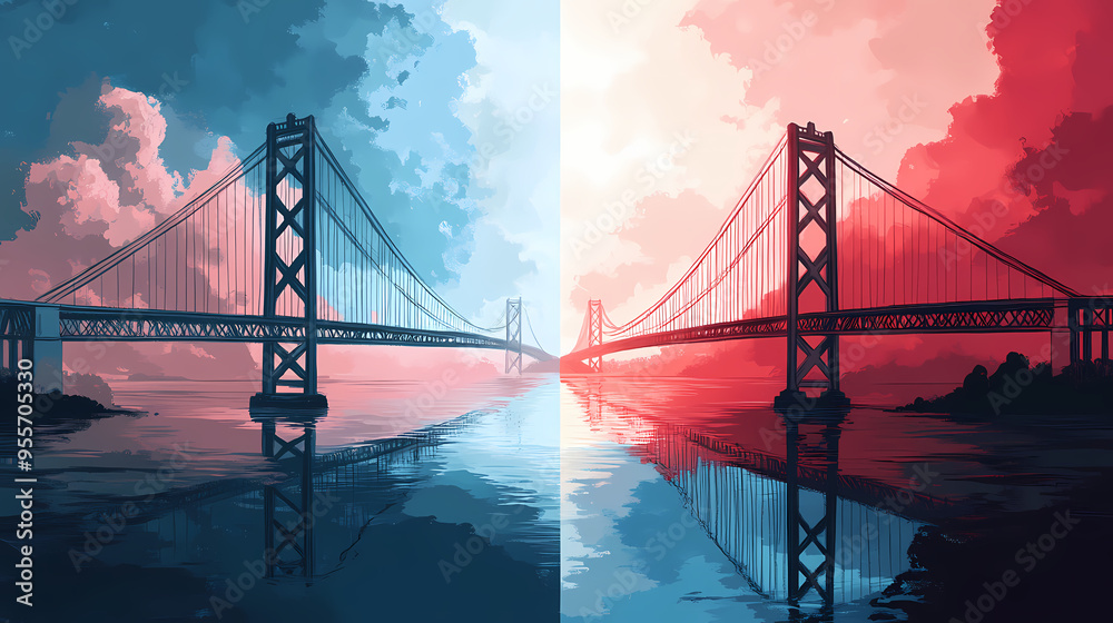 Fototapeta premium Symmetric bridge landscape illustration, dual tone blue and red suspension bridge art, mirrored architectural concept for web banners and backgrounds