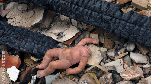 Obraz na plátně In aftermath of devastating fire, lifeless doll lies among debris of burnt building, showcasing tragic impact on community