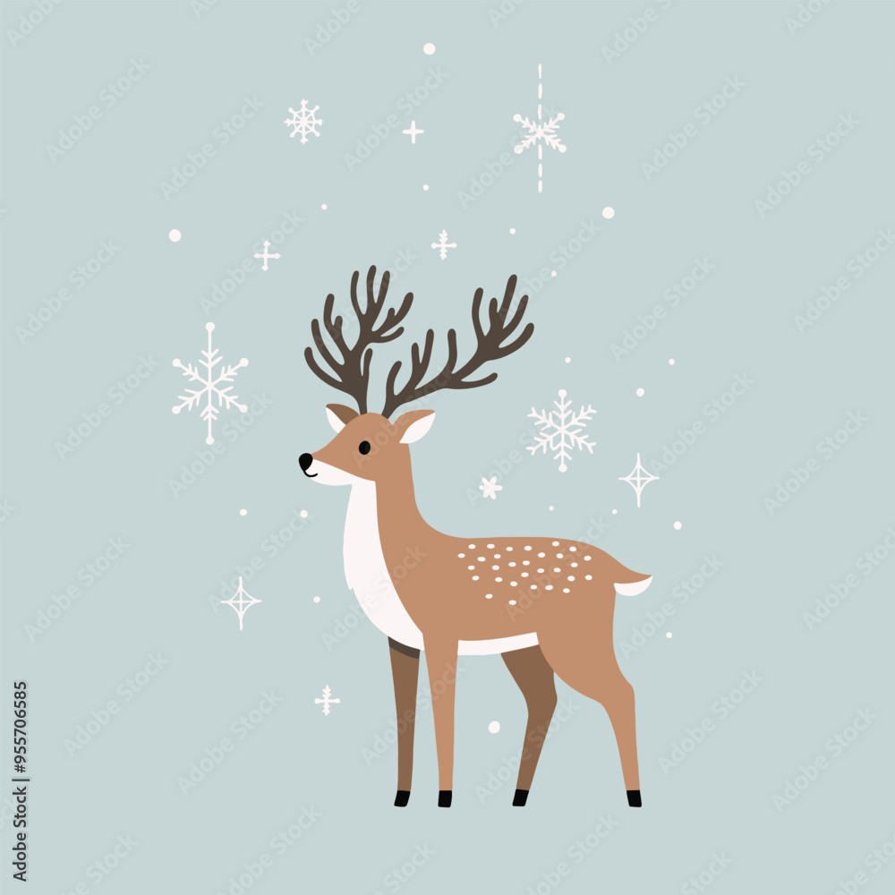 Vector illustration of cute, cheerful reindeer in snow with snowflakes. Vector illustration of cute, cheerful reindeer in snow with snowflakes.