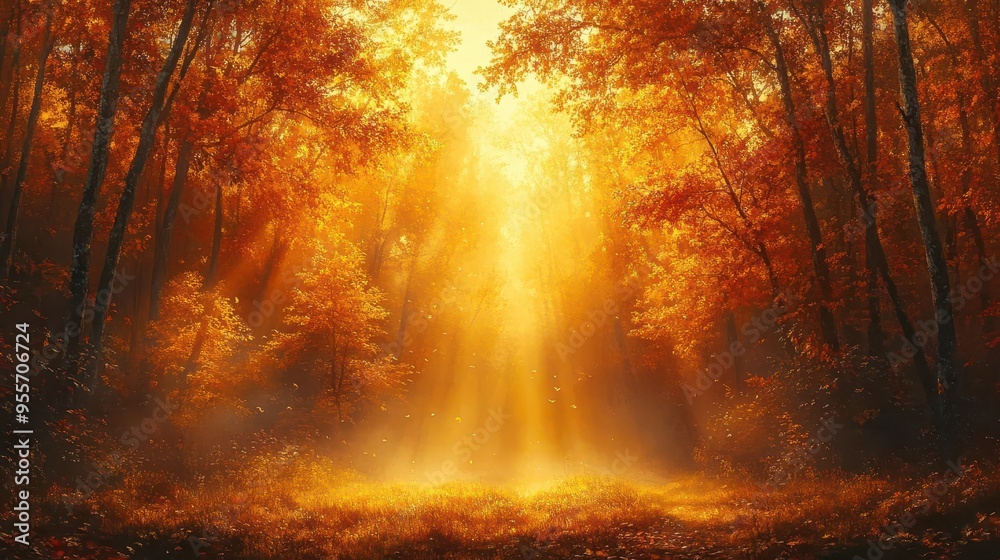 mystical autumn forest bathed in golden light mist hovers above the vibrant canopy creating an enchanting interplay of light and shadow among the rich warm hues of changing leaves mystical autumn forest bathed in golden light mist hovers above the vibrant canopy creating an enchanting interplay of light and shadow among the rich warm hues of changing leaves