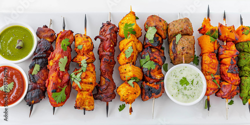 Top view of grilled non veg items like tikka and kebab served with chutney, appetizer photo