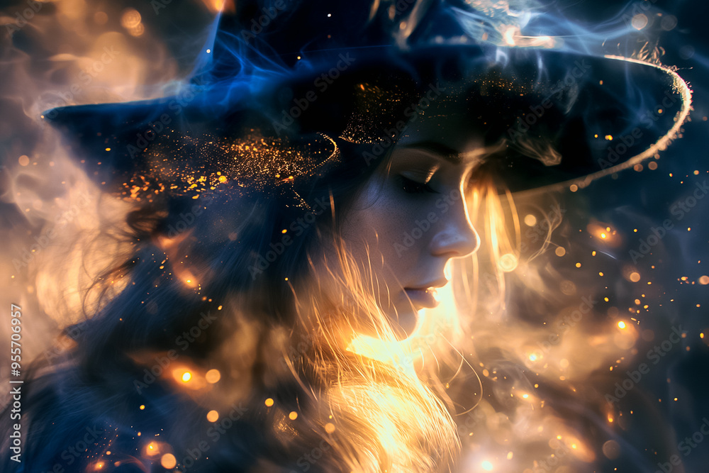A mysterious witch with flowing hair and a pointed hat stands in a swirl of enchanting colors, creating an ethereal atmosphere filled with magical sparks during Halloween