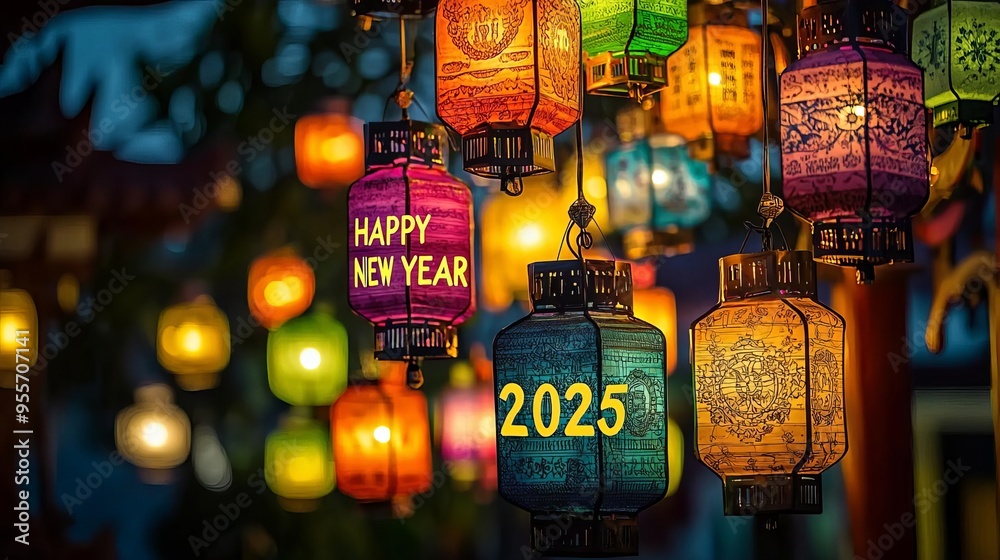 Obraz premium Happy New Year 2025 Colorful Lanterns A night scene filled with colorful lanterns lighting up the sky