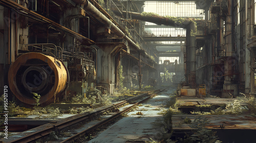 Abandoned industrial giants: nature claims space in deserted factories with rusting machines and silent belts. Abandoned. Illustration