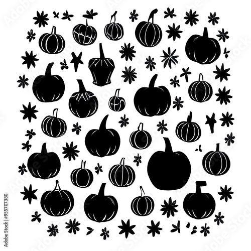 primitive outline illustration. halloween pattern of festive pumpkins. black and white drawing