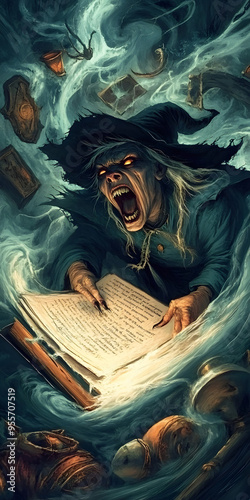 Creepy witch cackling over spellbook