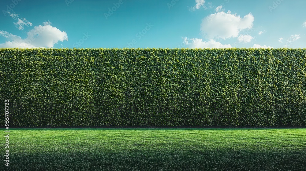 Fototapeta premium natural elegance towering tree hedge creating a striking green wall against a deep blue sky with manicured black grass forming a luxurious contemporary landscape design