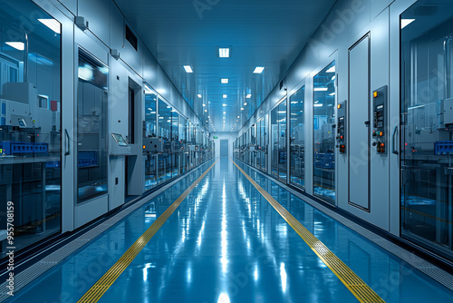 A semiconductor fabrication facility with cleanroom environments and precision machinery, showcasing electronics manufacturing. Concept of semiconductor production and technology.