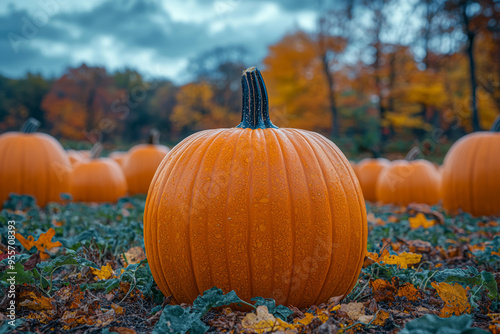 A pumpkin patch with large, ripe pumpkins ready for harvest, set against a backdrop of colorful fall foliage. Concept of autumn harvest and seasonal traditions. photo