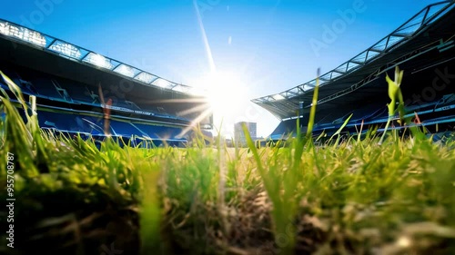 The camera moves between the blades of grass in the stadium, with the bright sun ahead and the blue sky overhead.