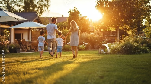 A family enjoys a stroll in their backyard at sunset, surrounded by lush greenery and blooming flowers photo