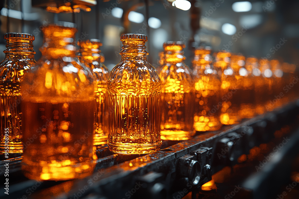 A glass factory with molten glass being molded into bottles, illustrating the production process of glassware. Concept of glass manufacturing and industrial processes. A glass factory with molten glass being molded into bottles, illustrating the production process of glassware. Concept of glass manufacturing and industrial processes.